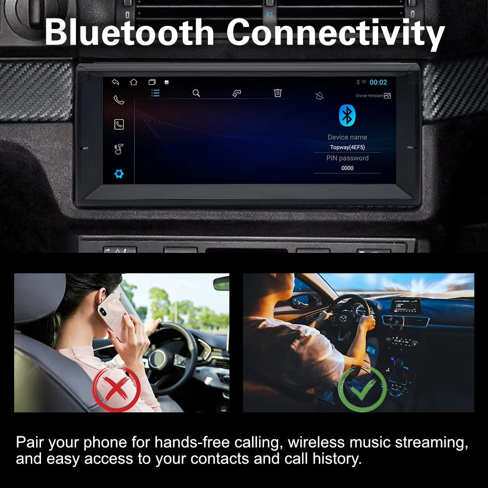 BMW E39 dashboard with a navigation system displaying Bluetooth connectivity options