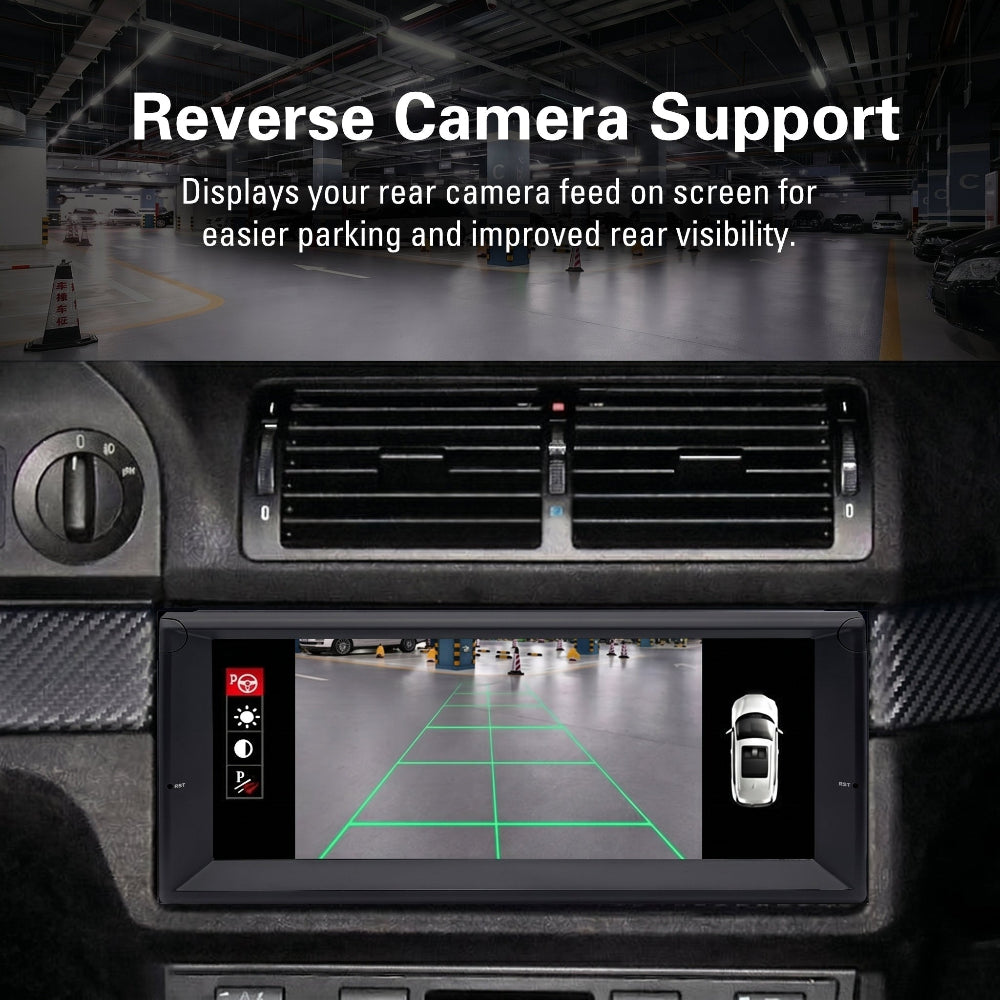 BMW E39 radio display with reverse camera display and text about reverse camera support.