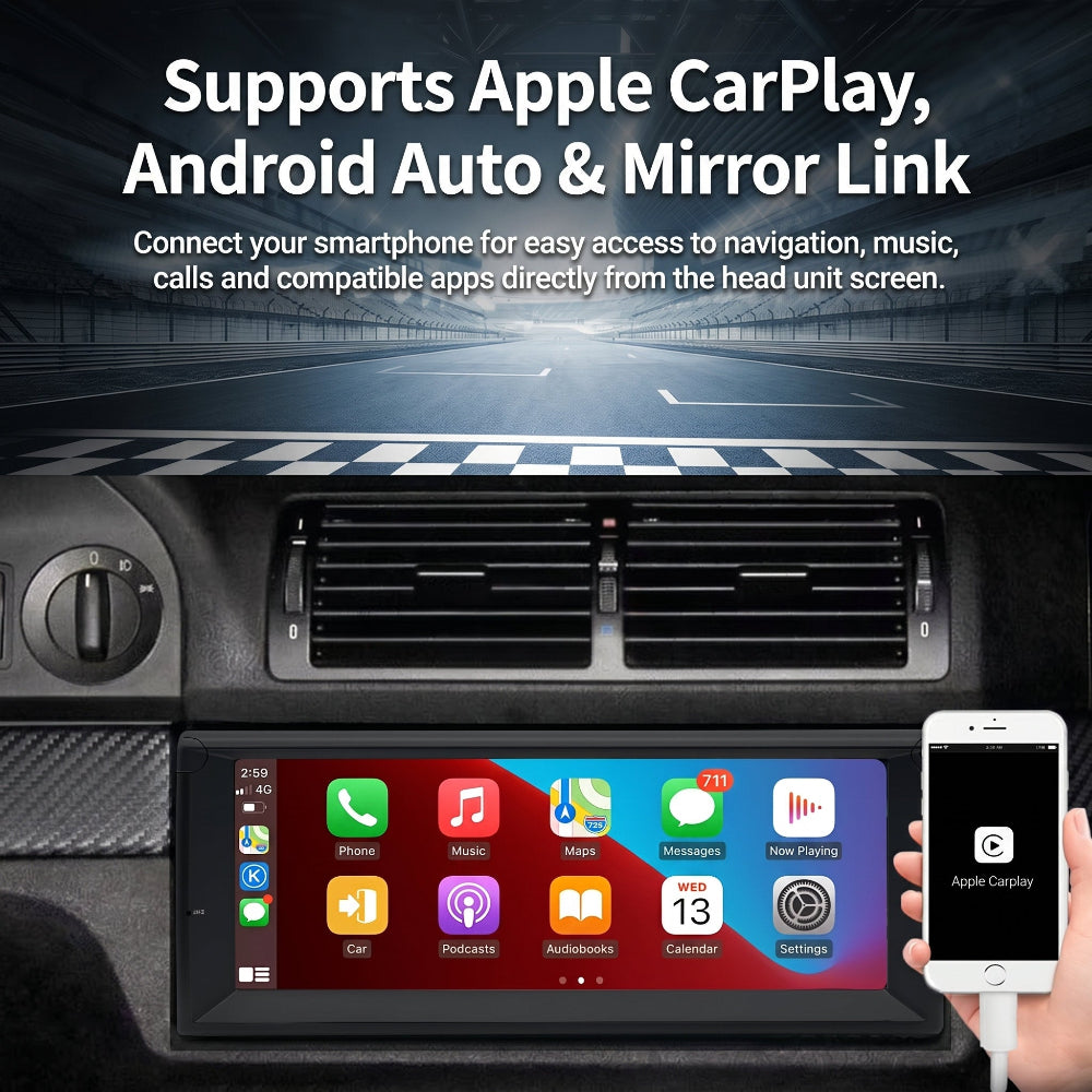 Car dashboard with a touchscreen display and smartphone, featuring Apple CarPlay and Android Auto compatibility.