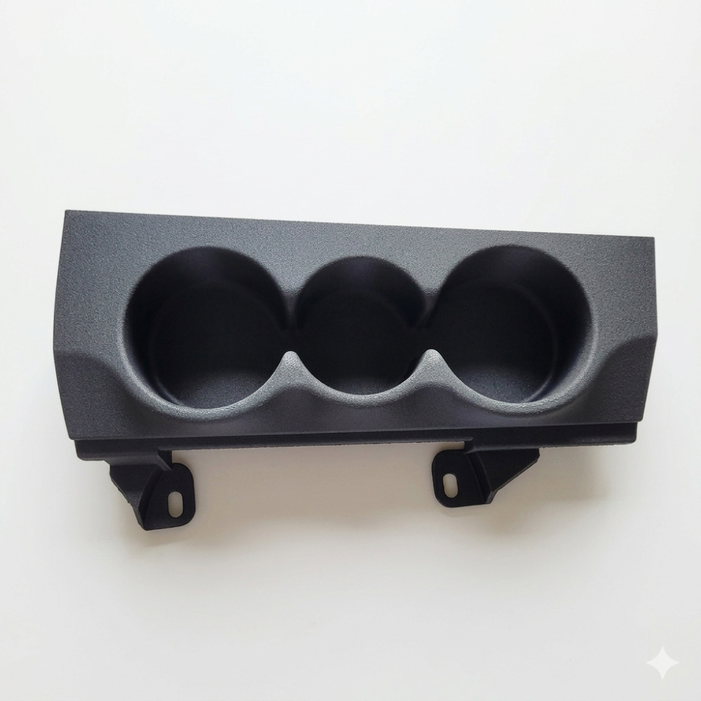 A custom triple front cup holder made for a BMW E39, showing a matte black finish