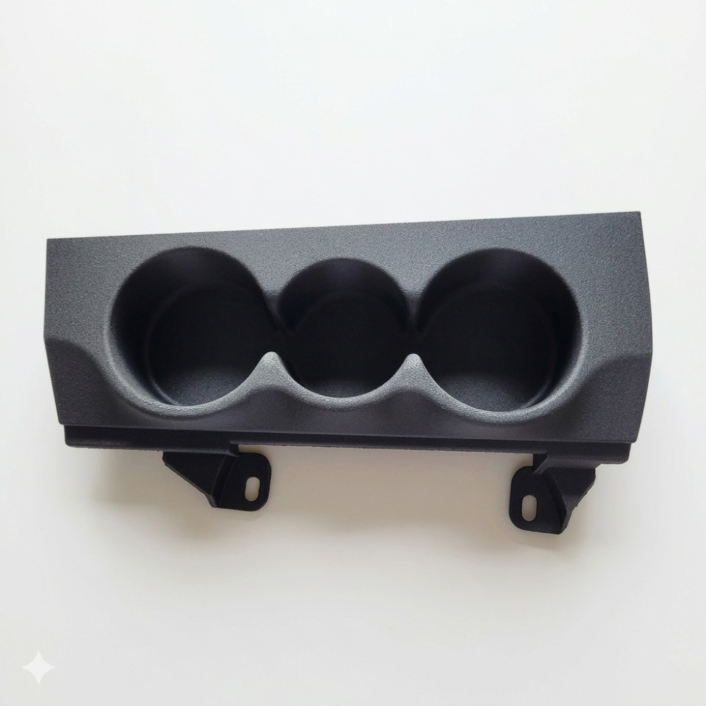 A custom triple front cup holder made for a BMW E39, showing a matte black finish